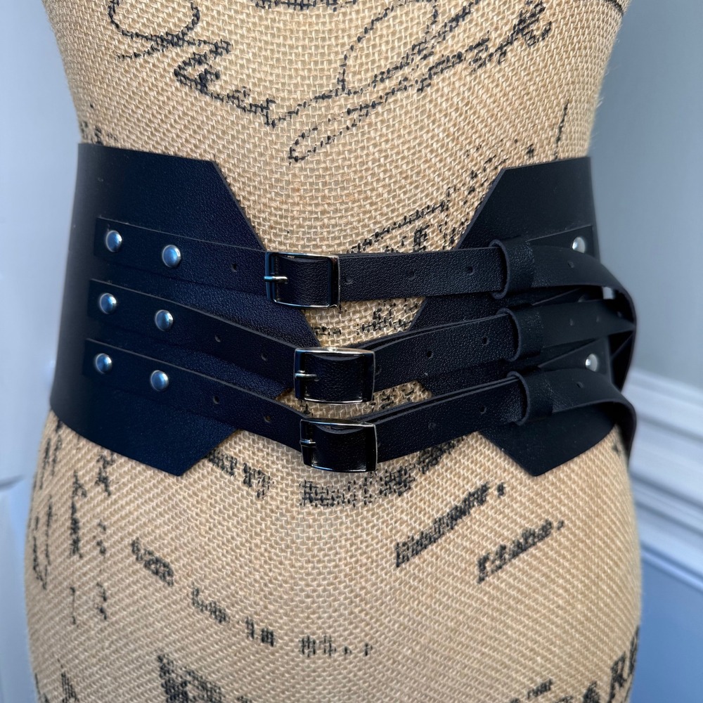 Black Faux Leather Triple Buckle Wide Corset Waist Belt Silver Hardware L-XL